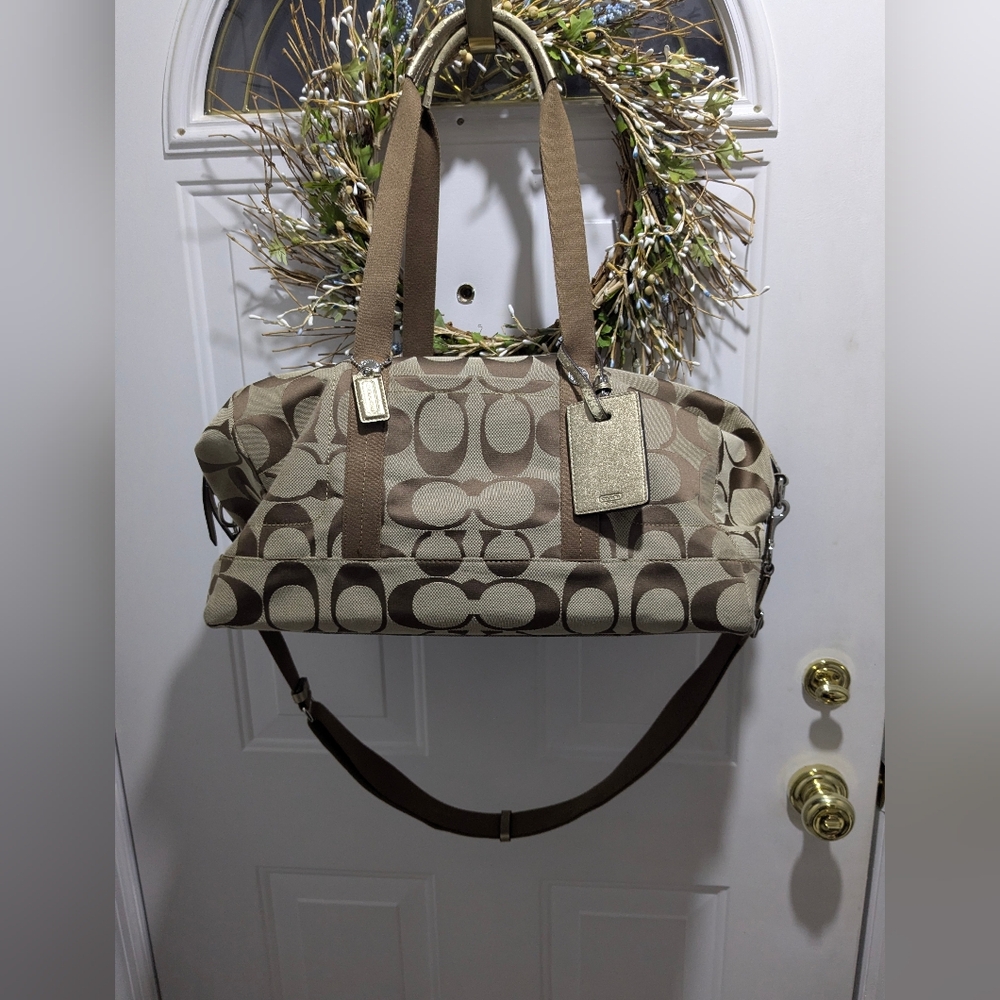 Coach Tan and Brown Signature Travel Bag